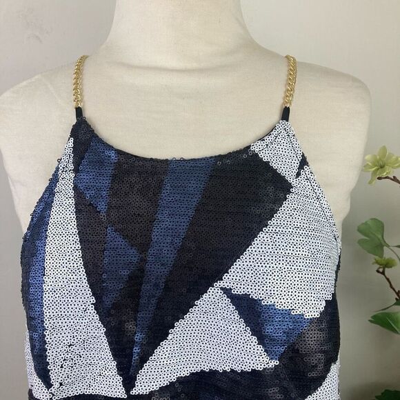 H&M top | Sequin Blouse | Geometric | Chain Strap | size small | blue black whit - Picture 2 of 8